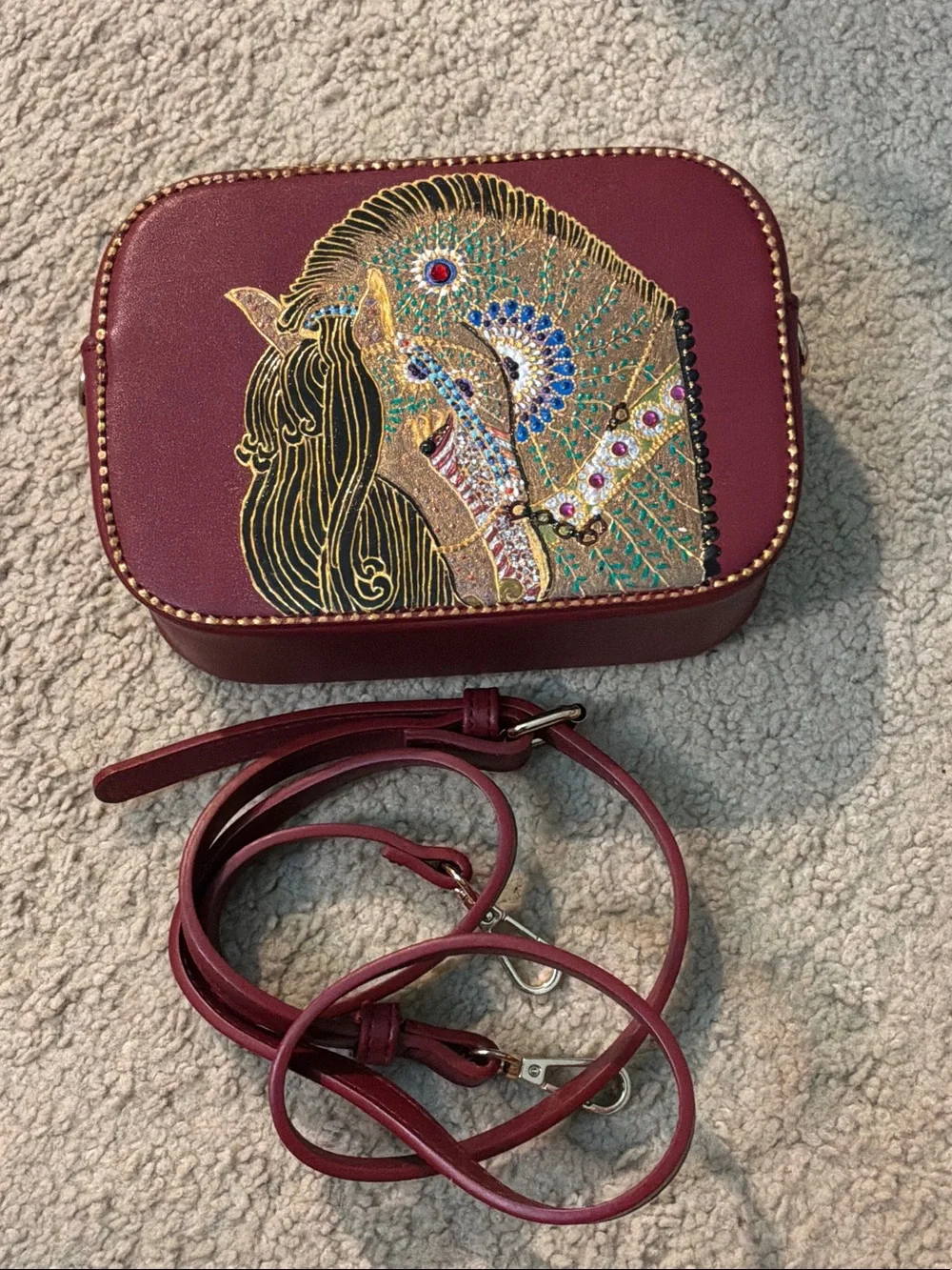 Burgundy Embellished Horse Crossbody Bag